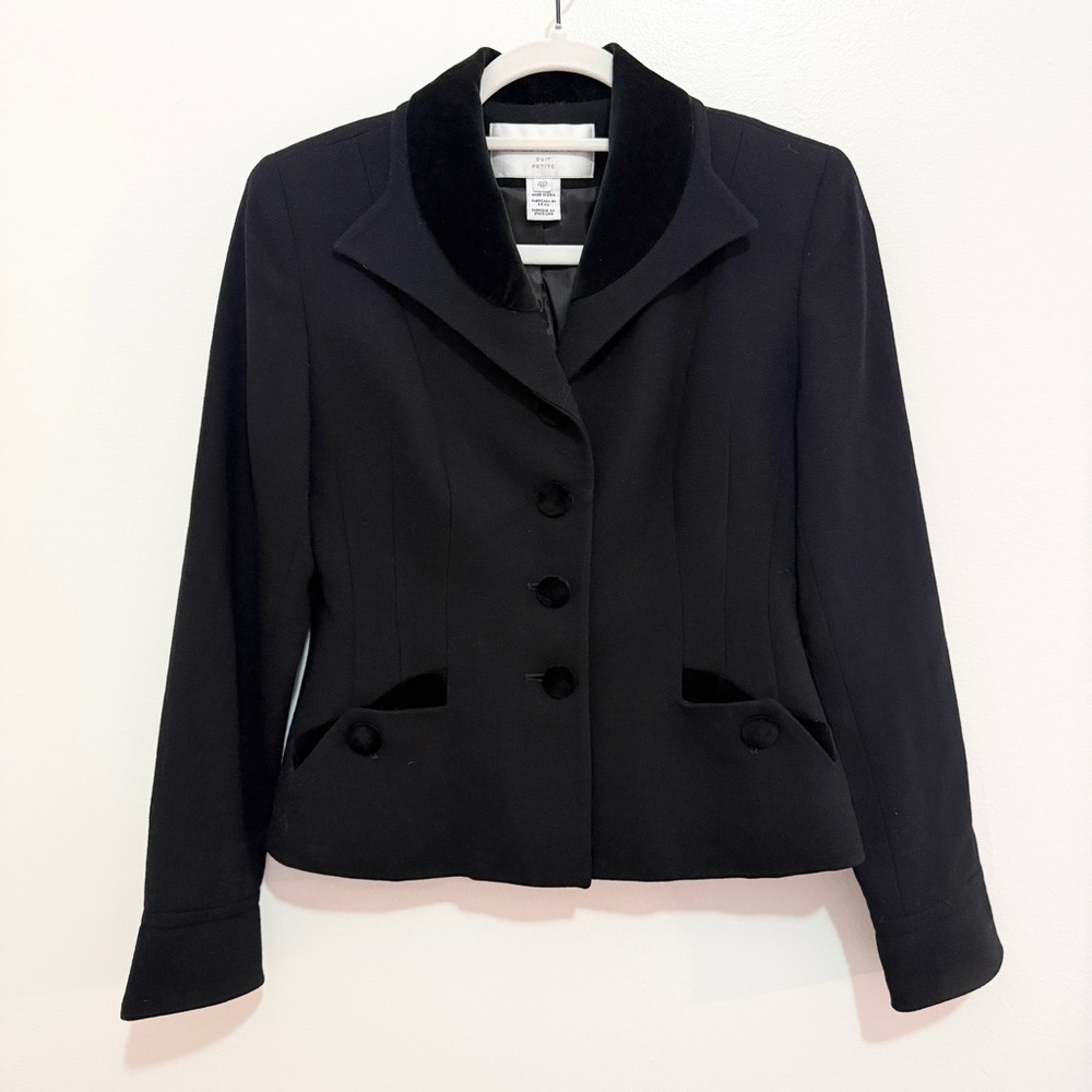 Jones New York Vintage Wool Velvet Trim Blazer Jacket 4P‎ Petite Black